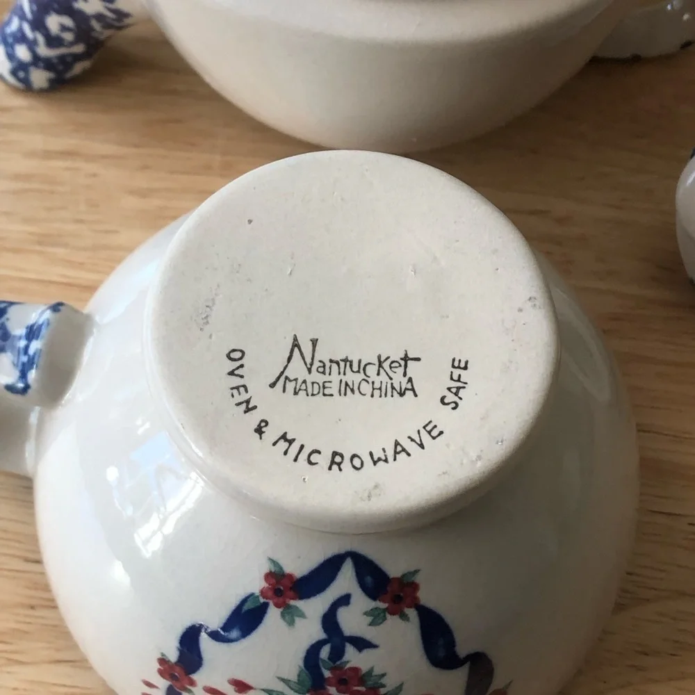 Nantucket Country Hearts Stacking Tea Pot & Cup 16oz Tea for One Vintage Ceramic